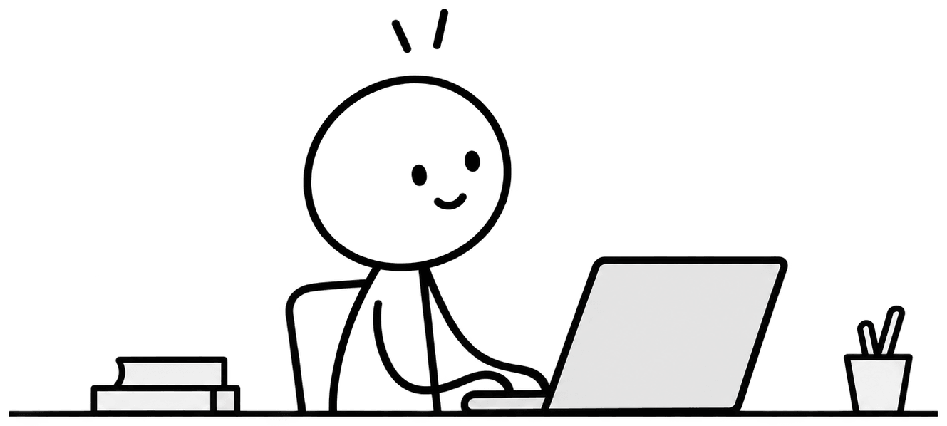 Stick figure working at a laptop on a tidy desk
